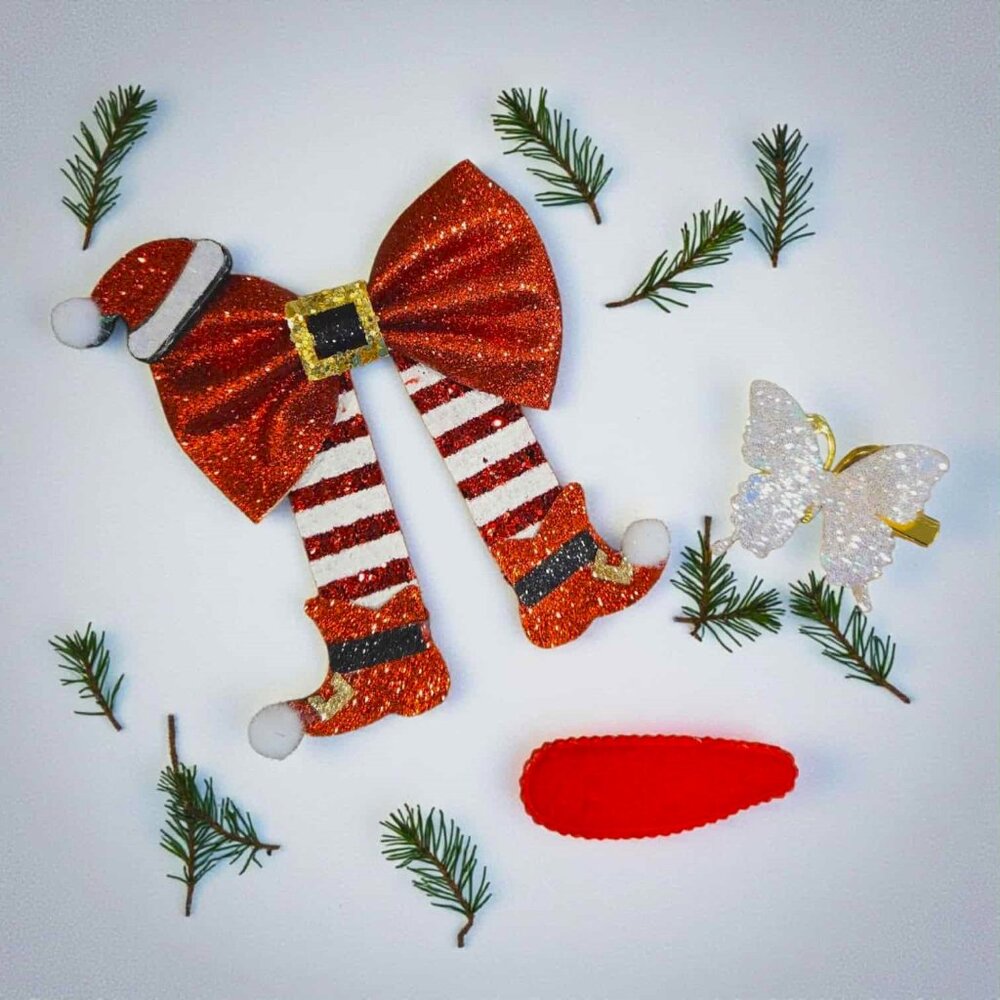 Red Glitter Santa Hat Clippie Butterfly Hair Bow Set